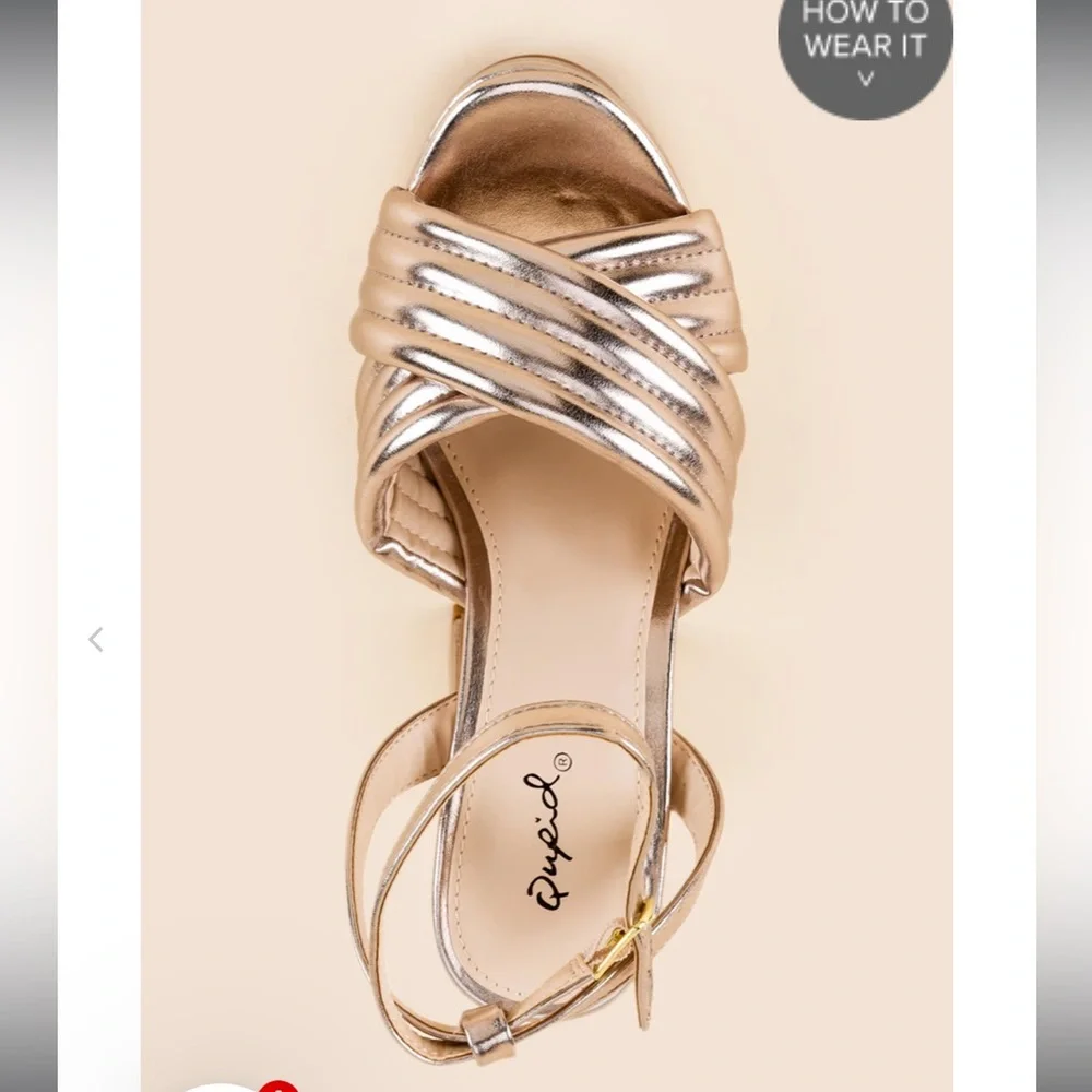 Qupid Metallic Rose Gold Platform Block Heel Sandals with Ankle Strap